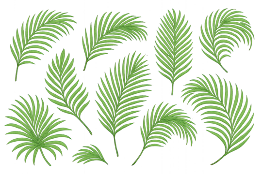 Free clipart featuring realistic palm leaves in various shades of green isolated on transparent background.