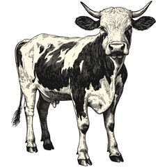 Vintage Cow Illustration, Woodcut Animal Drawing, Detailed Black Engraving, Realistic Bull Sketch, Retro Etching Style, Rustic Farm Art, Country Livestock Portrait, Hand Drawn Cow,