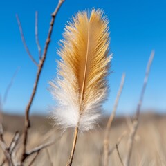 Single Tan Feather on a Stem Against Blue Sky in Nature, Delicate Fluff