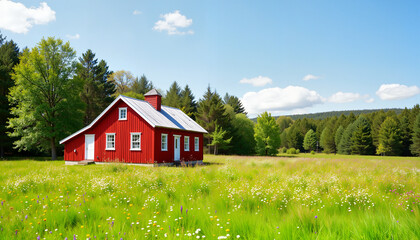 Obraz premium Red farmhouse surrounded by lush green fields under blue sky 