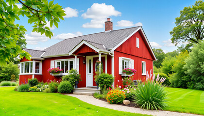 Red house surrounded by greenery with colorful flowers  