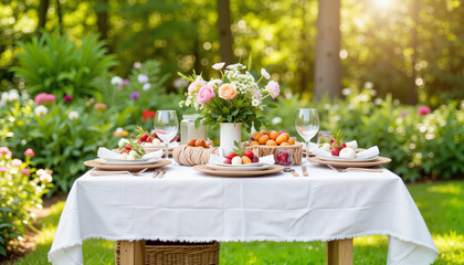 Outdoor picnic table set with fruits and flowers in a sunny garden  
