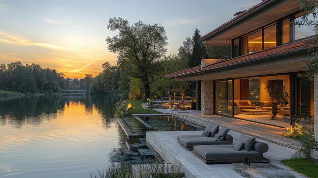 Exclusive lakeside residence featuring modern architecture and idyllic sunset scenery