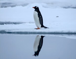 Obraz premium Gentoo penguin standing on snow-covered ice, reflected in calm water. A serene wildlife scene in Antarctica.