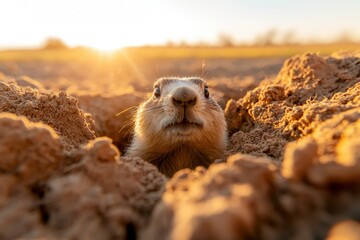 A prairie dog emerges from its burrow at sunset, looking at the camera