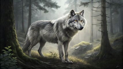 Fototapeta premium A wild gray wolf, a canine predator with striking eyes and grey fur, roams its timber forest habitat