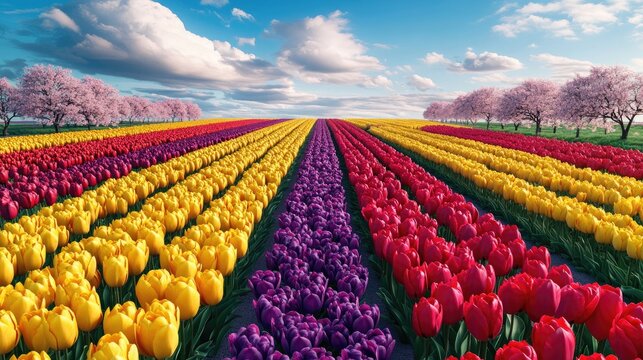 A dynamic birda??s eye view of a colorful tulip farm