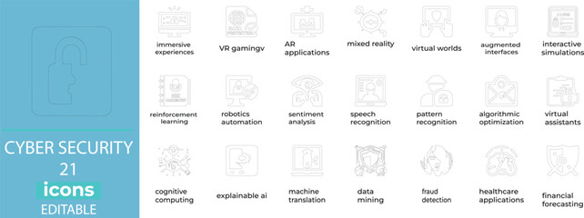 Cyber security line icons - shield, lock & hacker vectors for threat dashboards, secure apps & tech UI designs. Minimal thin stroke style.