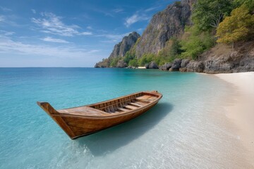 Naklejka premium Wooden Boat on Tropical Beach with Clear Water