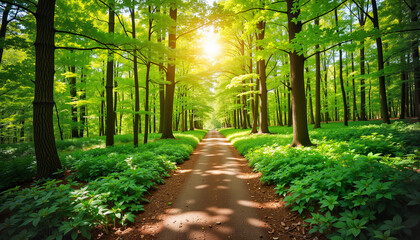 Obraz premium Lush green forest pathway illuminated by bright sunlight 