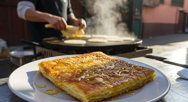 Flaky msemen (square pancake) fresh off the griddle, drizzled with honey and sesame seeds. Marrakech street vendor folding dough in background.