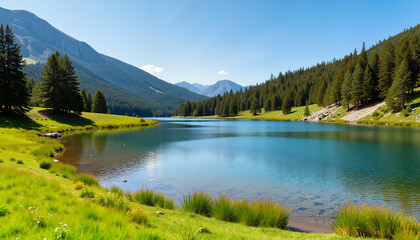 Fototapeta premium Serene lake reflecting mountains and greenery under blue sky 