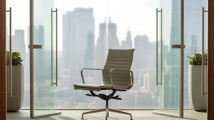 Office Ambience: Capturing the essence of a modern office space with a serene composition, it showcases a sophisticated chair, framed by glass doors and an urban skyline.