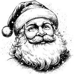 Hand drawn Santa doodle, black and white vintage sketch, retro Christmas vector, engraving style cartoon, holiday line art, simple festive drawing, classic Xmas illustration,