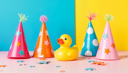 Colorful party hats and a rubber duck on a vibrant background  