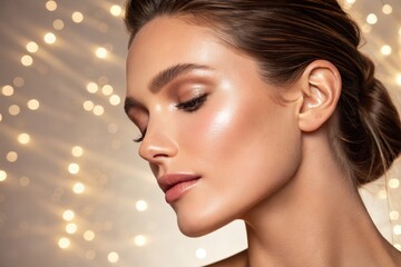 Stunning portrait of a woman with professional makeup and a radiant glow, side profile.