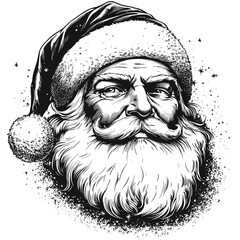 Black and white Santa Head Illustration, vintage woodcut sketch, old engraving, classic holiday design, retro festive art, rustic Christmas vector, hand carved Santa face