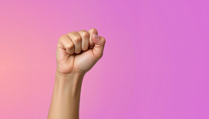 Hand raising a fist in solidarity against a colorful background  