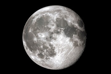 Obraz premium Full moon displays a bright, detailed lunar surface against a stark black background