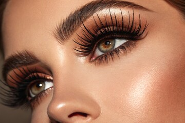 A stunning close-up of a woman's face, showcasing eyes with dramatic lashes and beautiful skin.