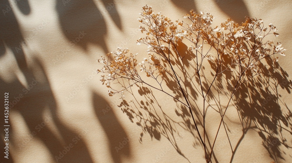 Aufkleber Dried flowers are arranged against a textured surface, their shadows creating intricate patterns in soft natural light. The scene captures a serene and artistic moment