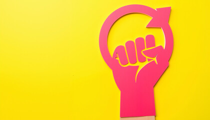 Feminist symbol with fist representing empowerment against yellow background  