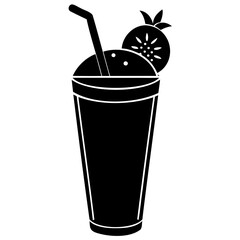 Black and white smoothie with straw and fruit garnish vector illustration for summer drink designs isolated on transparent background