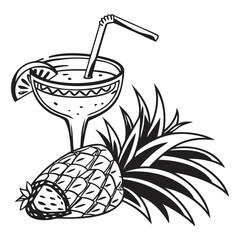 Black and white tropical drink with pineapple vector illustration for summer party design ideas isolated on transparent background