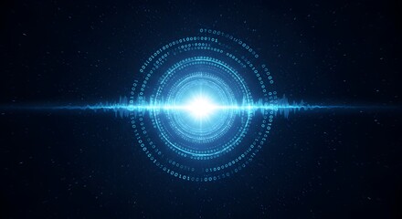 Obraz premium Abstract Digital Data Stream Glowing Blue Energy Burst with Concentric Rings and Binary Code