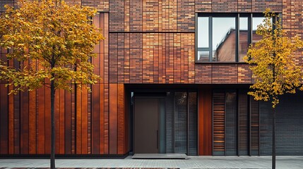 Modern brick house architecture design with autumn trees and metal paneling facade for real estate