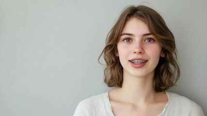 Studio portrait of cheerful teenage girl with dental braces smiling on gray background