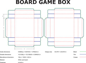 Detailed board game box diecut template vector illustrating manufacturing dimensions and technical specifications