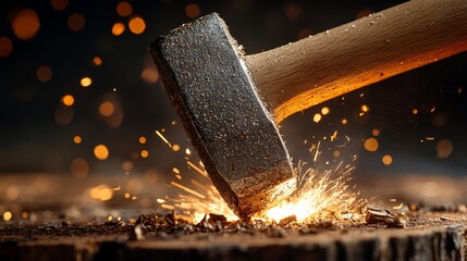 Hammer strikes with sparks in a dimly lit setting