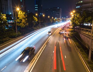 Night city highway with light trails from cars. A mesmerizing scene of urban traffic at night.
