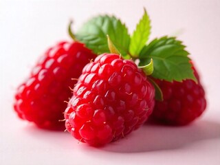 Close-up of fresh raspberries with green leaves