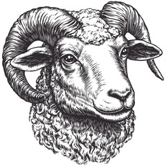 Sheep Head, vintage woodcut engraving style, black sketch, old illustration, retro animal drawing, antique farm livestock vector, rustic line art, etching style, countryside art, rural farming