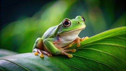 A green tree frog sitting on a leaf , green tree frog, amphibian, green tree frog, amphibian