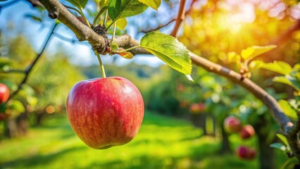 A single apple hanging from a branch of a mature apple tree on a sunny day, with a few leaves in the background , apple tree