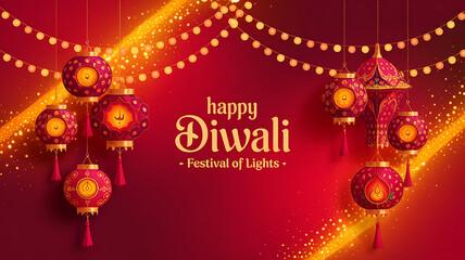 Diwali Festival Banner Featuring Traditional Indian Paper Lanterns Hanging Against a Rich Red Gold Background with Glowing Fairy Lights Festive Patterns Ideal for Holiday Greetings Digital Invitations