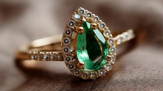 Elegant gold ring set featuring a teardrop emerald surrounded by sparkling diamonds on neutral fabric, representing luxury