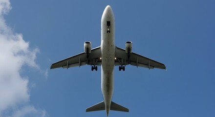 AI image captures the underside of an airplane flying overhead, landing gear deployed, against a blue sky with scattered white clouds