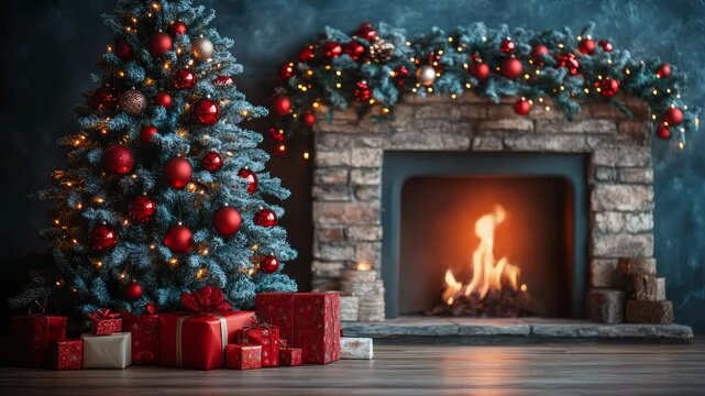 Christmas tree and holidays present on fireplace background