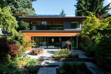 A modern residence with a patio and garden, blending seamlessly with its lush surroundings
