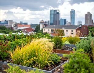 Fototapeta premium Urban rooftop garden with various plants and grasses against a blurred cityscape backdrop. Image showcases vibrant greenery contrasting with modern architecture.