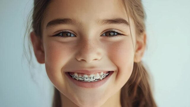 Studio portrait of cheerful girl with dental braces smiling on grey background