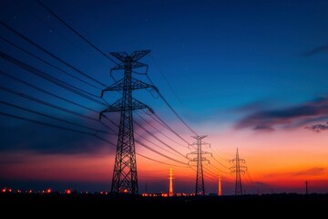 Fototapeta premium Power lines silhouette against colorful sunset sky, transmitting energy across the landscape