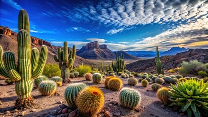 Desert landscape with succulent plants and cacti against a bright blue sky, rugged terrain, landscape,  rugged terrain