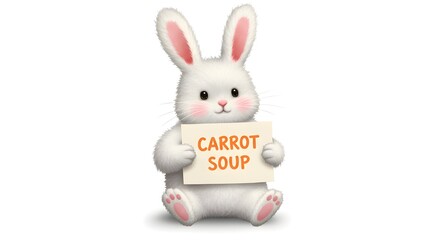 Fototapeta premium Adorable fluffy white cartoon rabbit holding a sign 