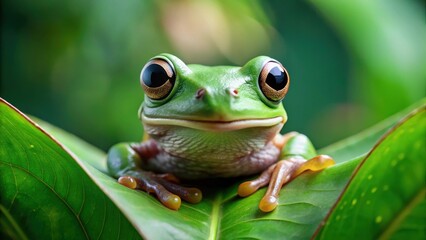 A close-up shot of a green tree frog's face with its big round eyes and wide mouth