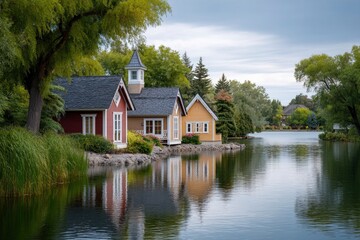 Obraz premium Lake Houses with Tree Reflections